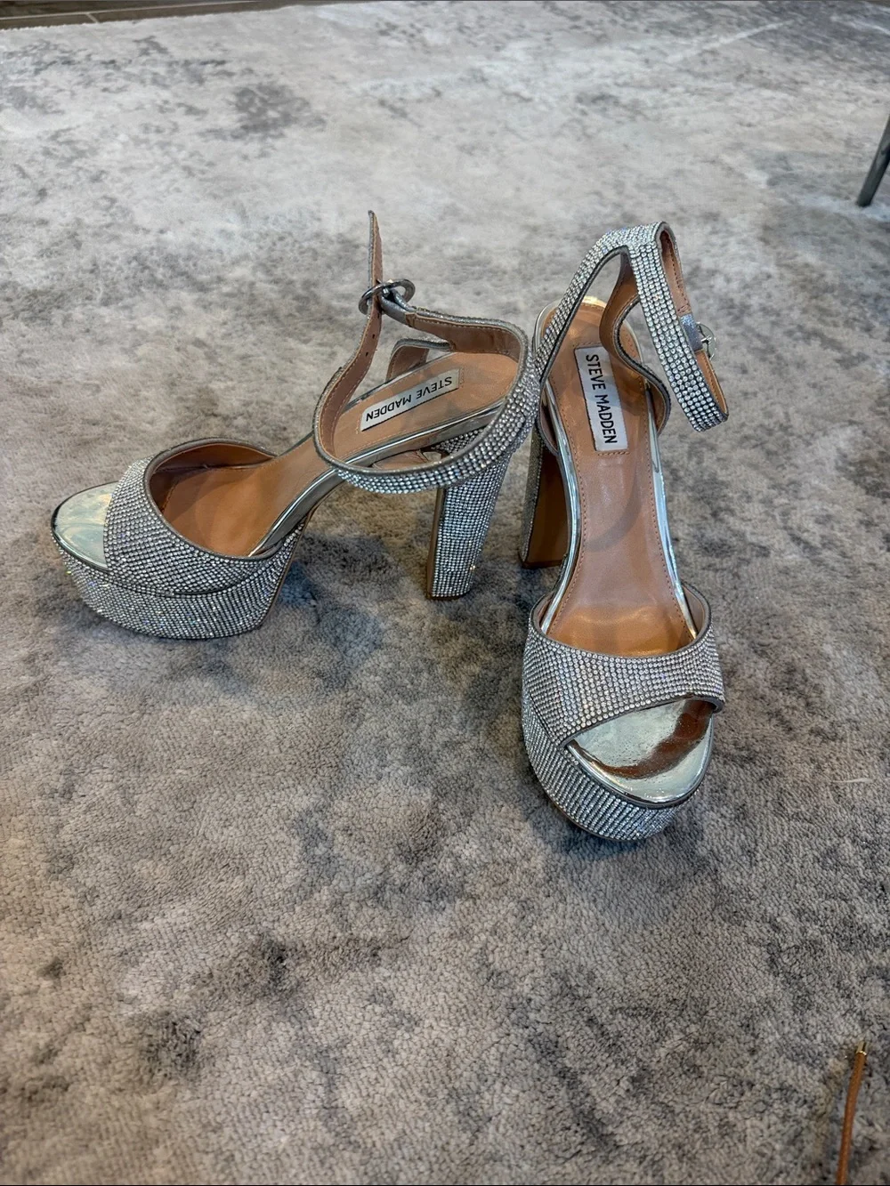 Steve Madden Silver Rhinestone Platform Sandals with Ankle Strap